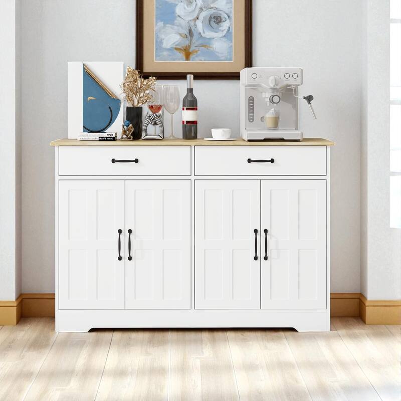 Farmhouse Buffet Sideboard Cabinet with 2 Drawers and 4 Doors, Storage Cupboard for Dining and Kitchen. - White