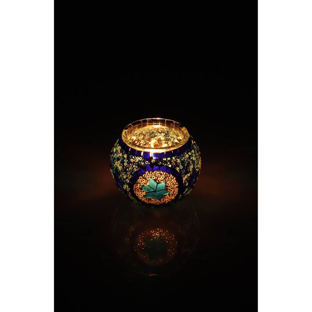 3.4 in. Handmade Blue and White Mosaic Glass Votive Candle Holder - 3.4"Lx3.4"Wx2.8"H