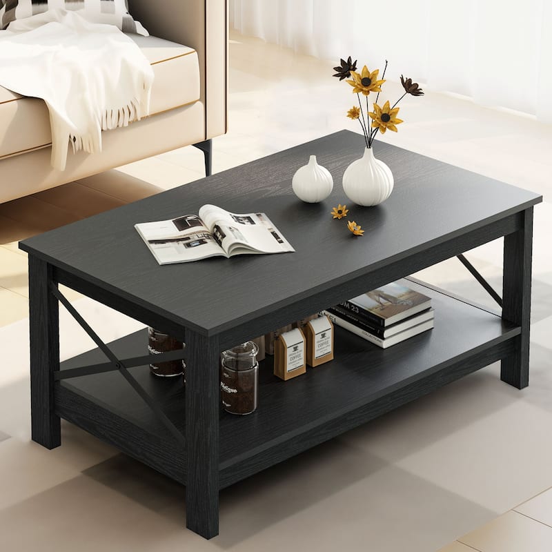 Moasis Farmhouse Coffee Table with Shelf, 2-Tier Center Table for Living Room - 22"X39" - Black