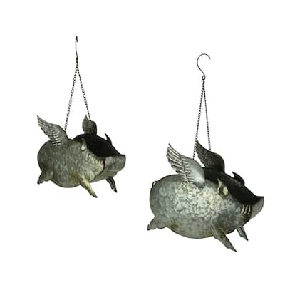 Zeckos Galvanized Metal Flying Pig Hanging Planter (Set Of 2) - 11 X 13.5 X 6 inches