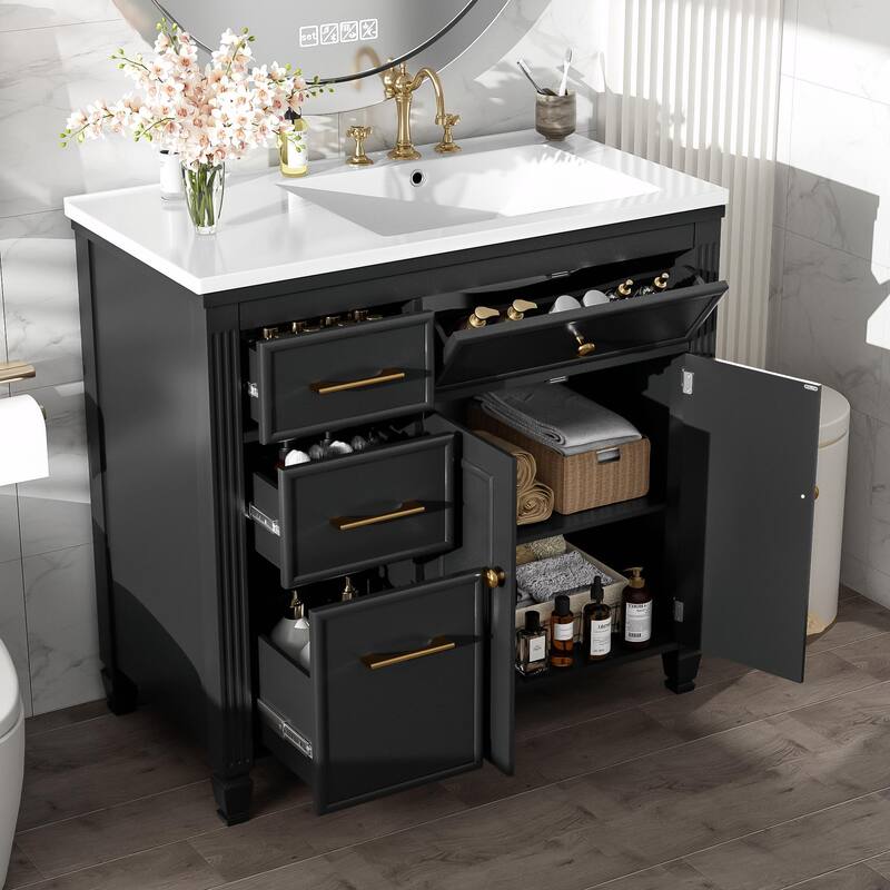 36" Bathroom Vanity with Sink, Ceramic Sink, One Tip-out Drawer, 3 Side Drawers