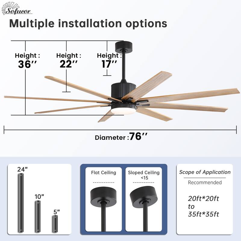 76 Inch Ceiling Fan with Light and Remote,8 Solid Wood Blades,Smart Control,Reversible Airflow - 76 inch