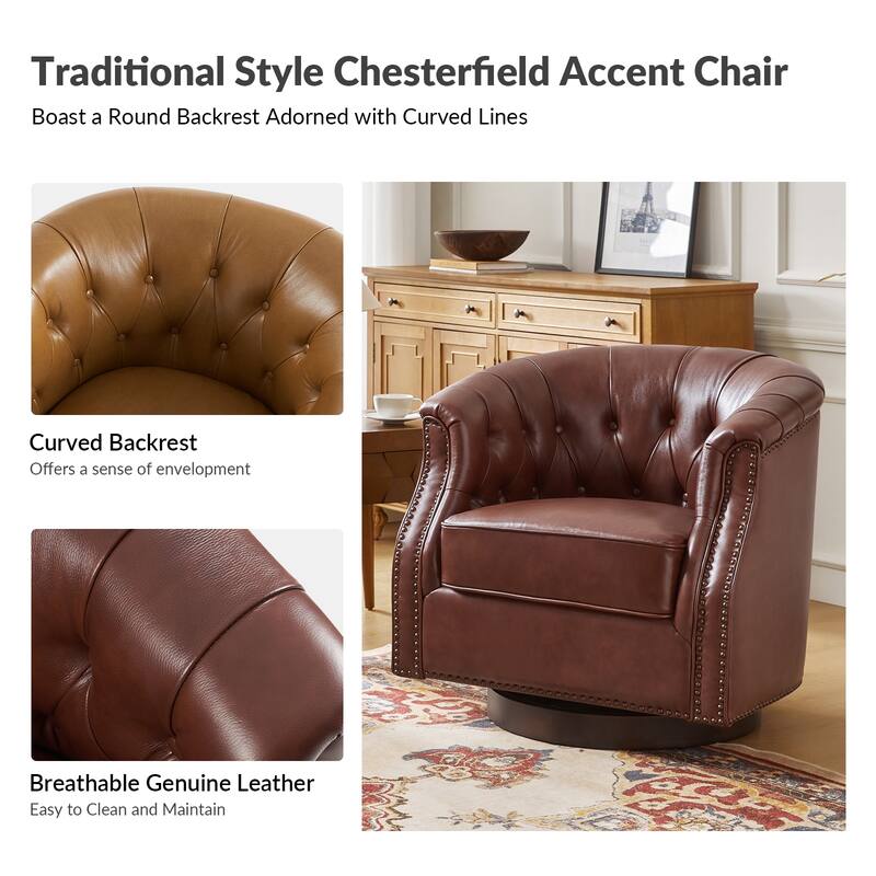 Max Traditional Chesterfield Rocker and Swivel Genuine Leather Chair with Nailhead Trims(Set of 2)