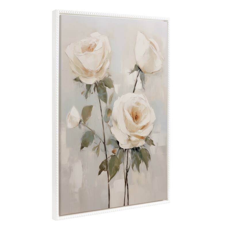 Kate and Laurel Sylvie Beaded Soft White Roses Framed Canvas - 23x33 - White