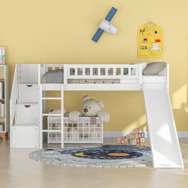 slide 2 of 15, Multifunctional and Fun Design Loft Bed with Slide, Stairway and Guardrails,Twin Size, White