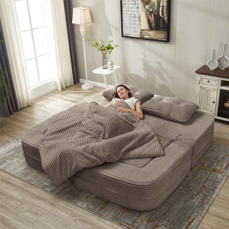 Sleeper Sofa with Chaise Lounge, Convertible Sectional Couch Bed, Corduroy 3-Seat Sofa, Folding Boneless Couch