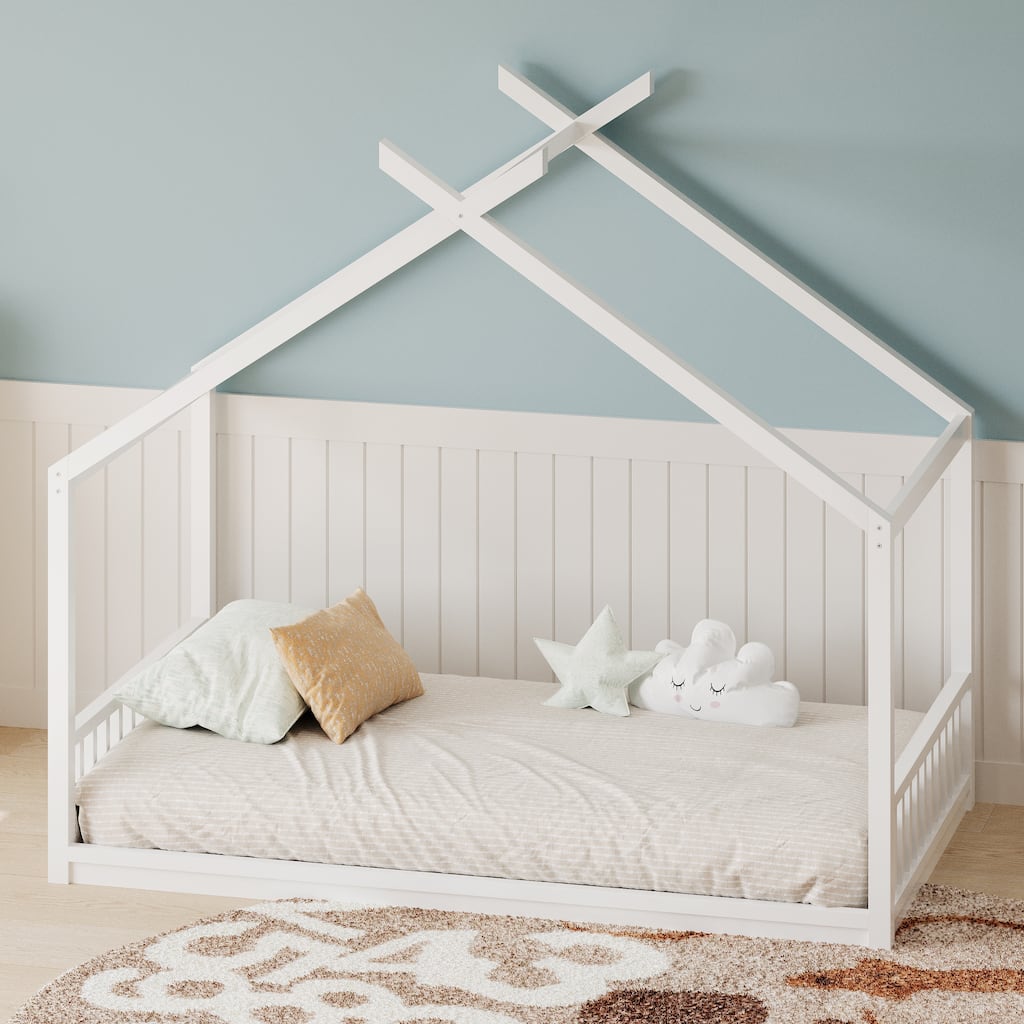 Twin Size Montessori Style House Bed for Kids,Floor Bed Frame with Headboard and Footboard,Wooden Fence Bed , Slat Not Included