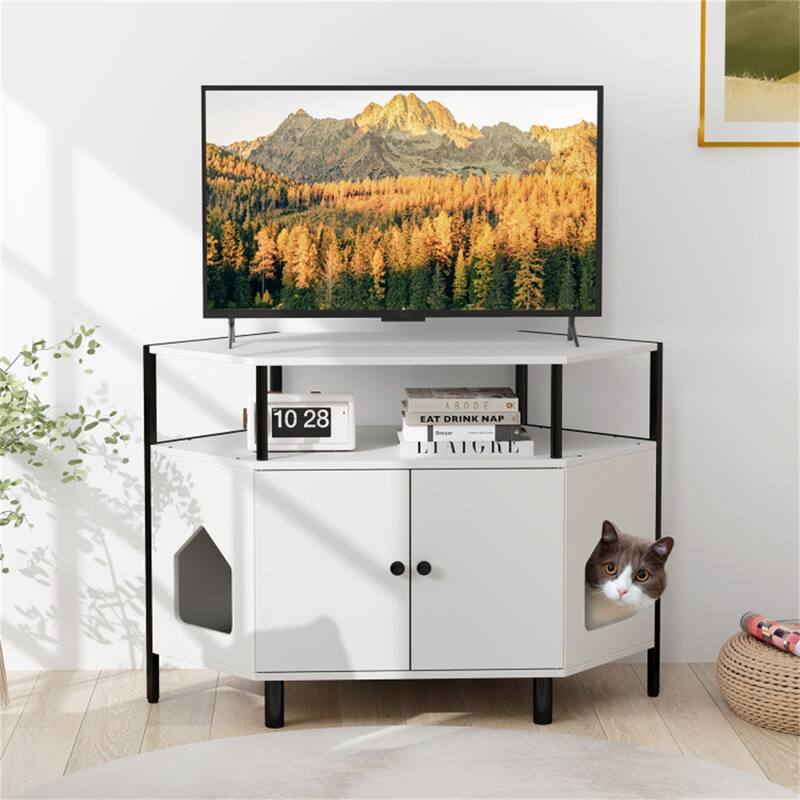 White Litter Box, Polygonal Cat House, Cat Furniture, Living Room Cabinet - 41.5"L x 20"W x 29"H