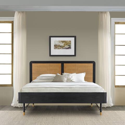 Saratoga Platform Frame Bed in Black Acacia with Rattan Headboard