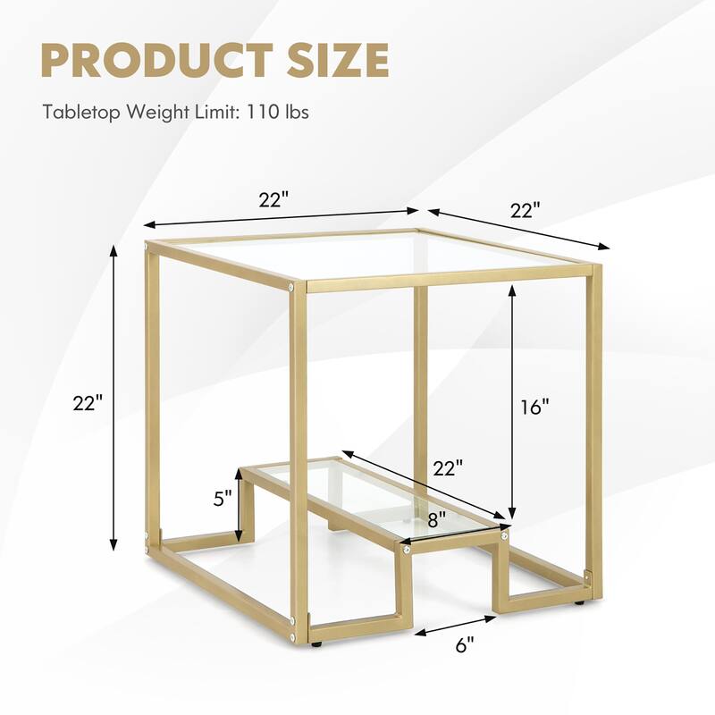 Costway 22'' 2-Tier Sofa Side Table Square Metal Frame for Living Room - Bronze - See Details