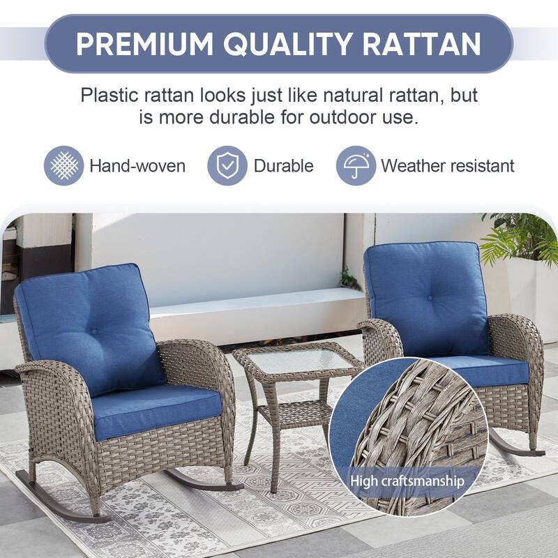 PlainCurve 3-Piece Wicker Outdoor Patio Conversation Set with Rocking Chairs and Olefin Cushions