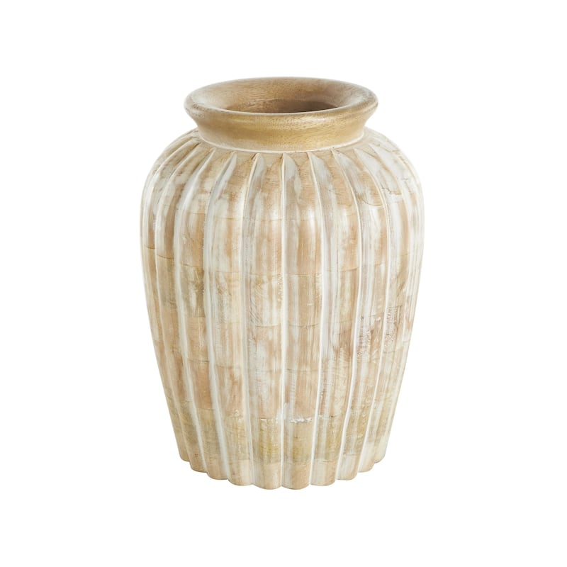 Mango Wood Distressed Decorative Vase with Carved Ridges - Light Brown - Roche River Decor