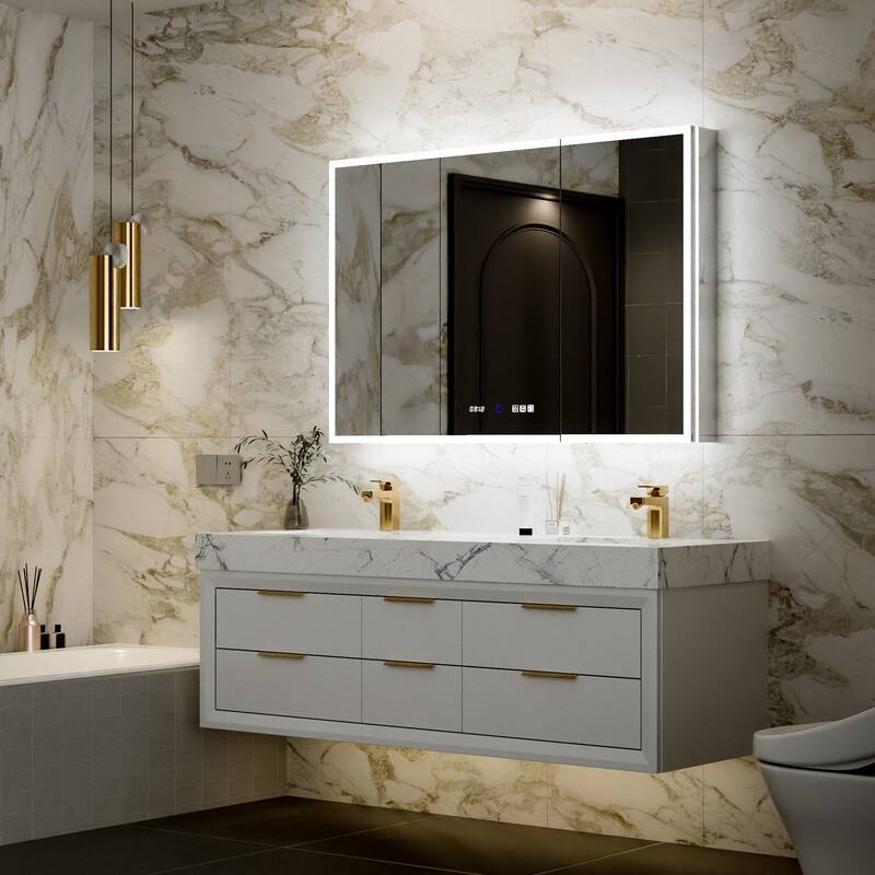 MEDUNJESS Triple Opening Frameless Demist Bathroom Mirror Cabinet - 48x32T