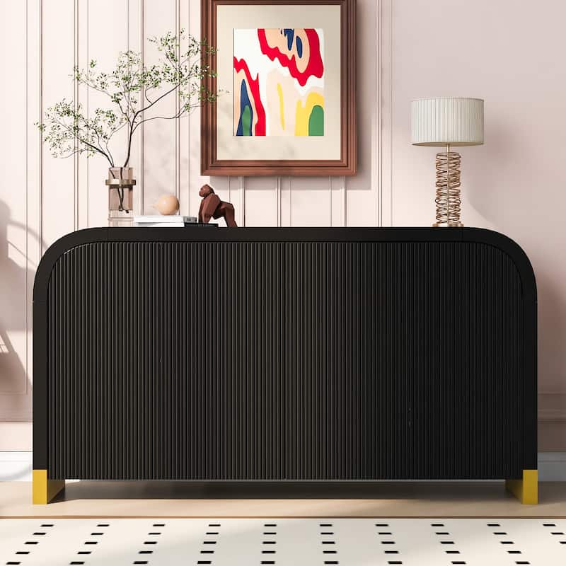 Wavy 4-Door Buffet Sideboard, Curved Design Door Storage Cabinet with Adjustable Shelves