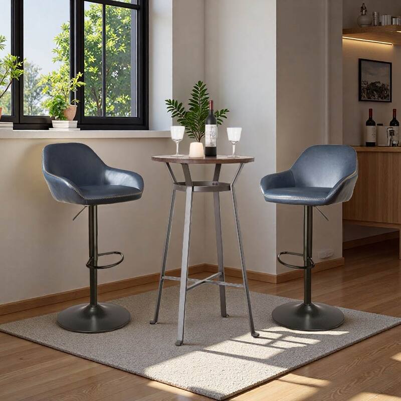 Glitzhome 41"H Round Wood Top High Pub Table with Gaslift Adjustable Swivel Bar Stools Set - 3PCS Brown Table & Navy Blue Chairs