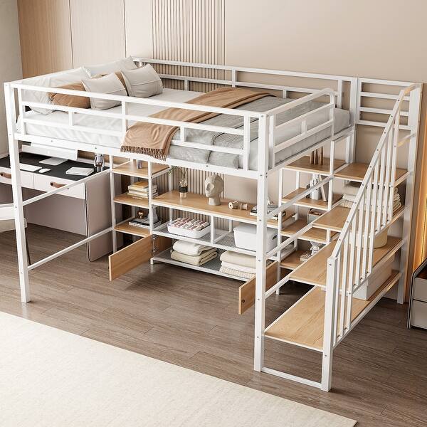slide 2 of 27, Full Size Metal Loft Bed with Low Storage Table and Shelves White