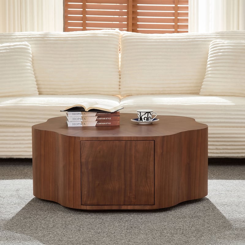 Modern Petal Shaped Coffee Table Stylish Round Coffee Table with Hidden Drawers, for Living Room, Walnut Color