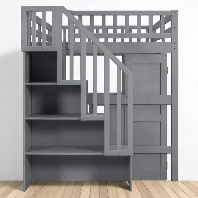 Twin/Full Size Loft Bed with Desk, Wardrobe, Drawers & Stairs, Wood Frame Study Bed with Storage for Kids/Teens