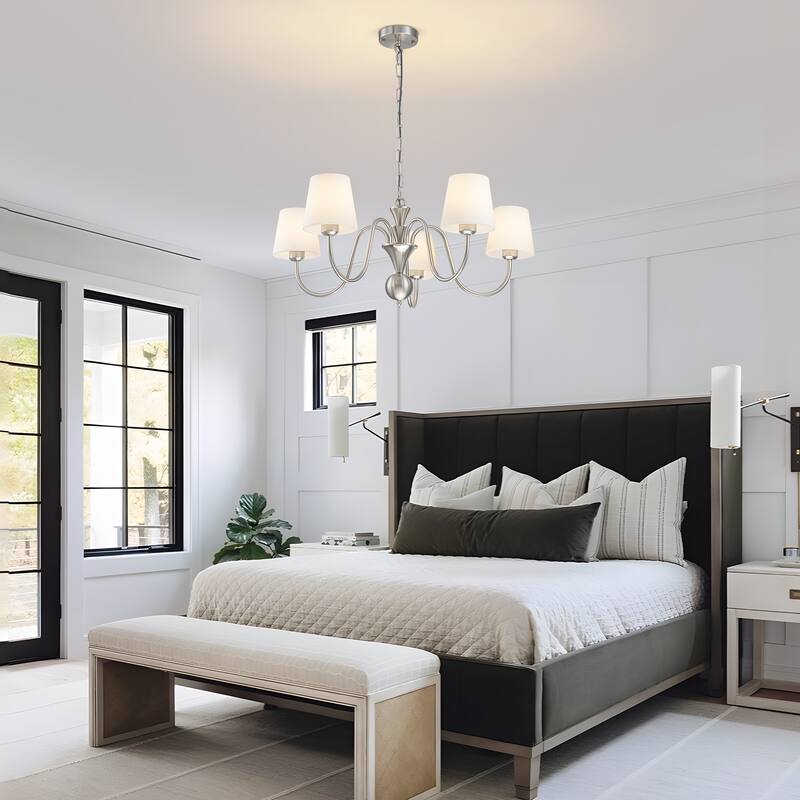 Starsky 5-Light Brushed Nickel with White Glass Shade Chandelier