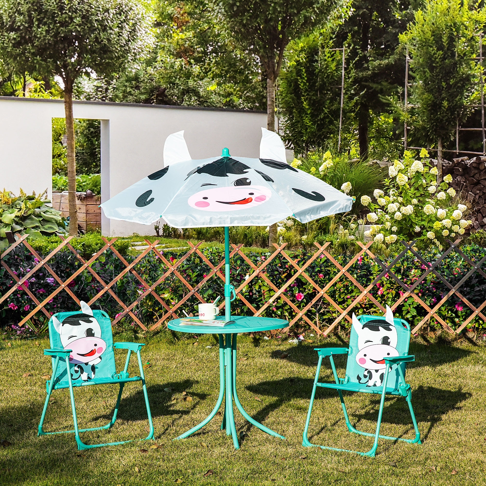 Kids Folding Table and Chair Set with Adjustable Sun Umbrella