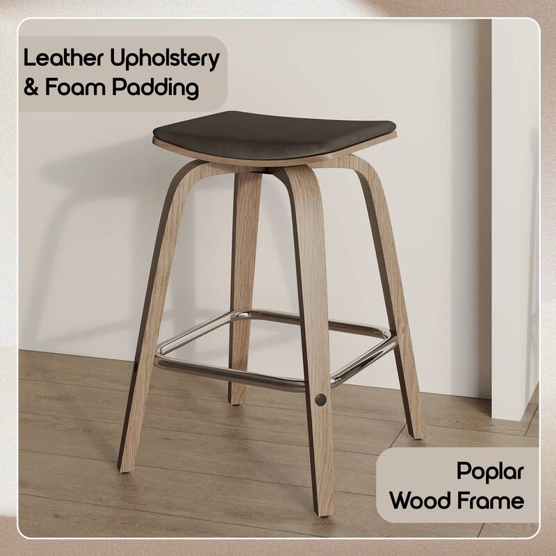 Leather Counter Stool Swivel Square Seat Poplar Wood Frame Iron Foot Rest