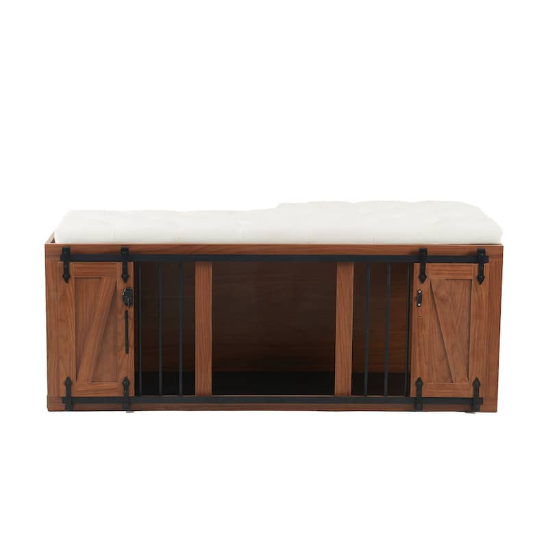 Anmytek Dog Crate Bench with Padded Seat,Wooden Pet Kennel Furniture,End of Bed Bench Ottoman with Removable Cushion