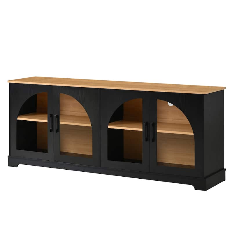 Farmhouse TV Stand with Semi-Arched Glass Doors for TVs Up to 70",Adjustable Shelves,Wood Grain Sideboard with Cable Management