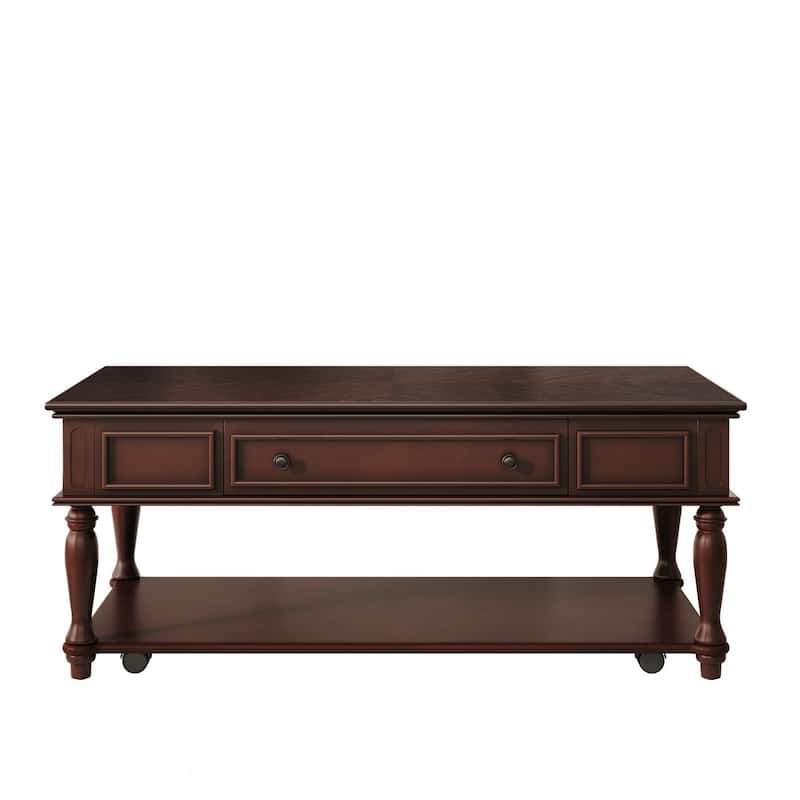 Coffee Table with One Drawer, Retro Movable Rectangular Cocktail Table with Lockable Wheels, Country Style Center Table - Espresso