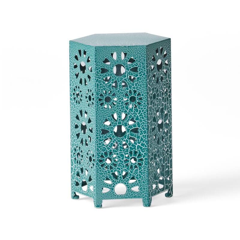 Liana Outdoor Side End Table, Flower Cutout, 12 Inch Top, Teal Blue