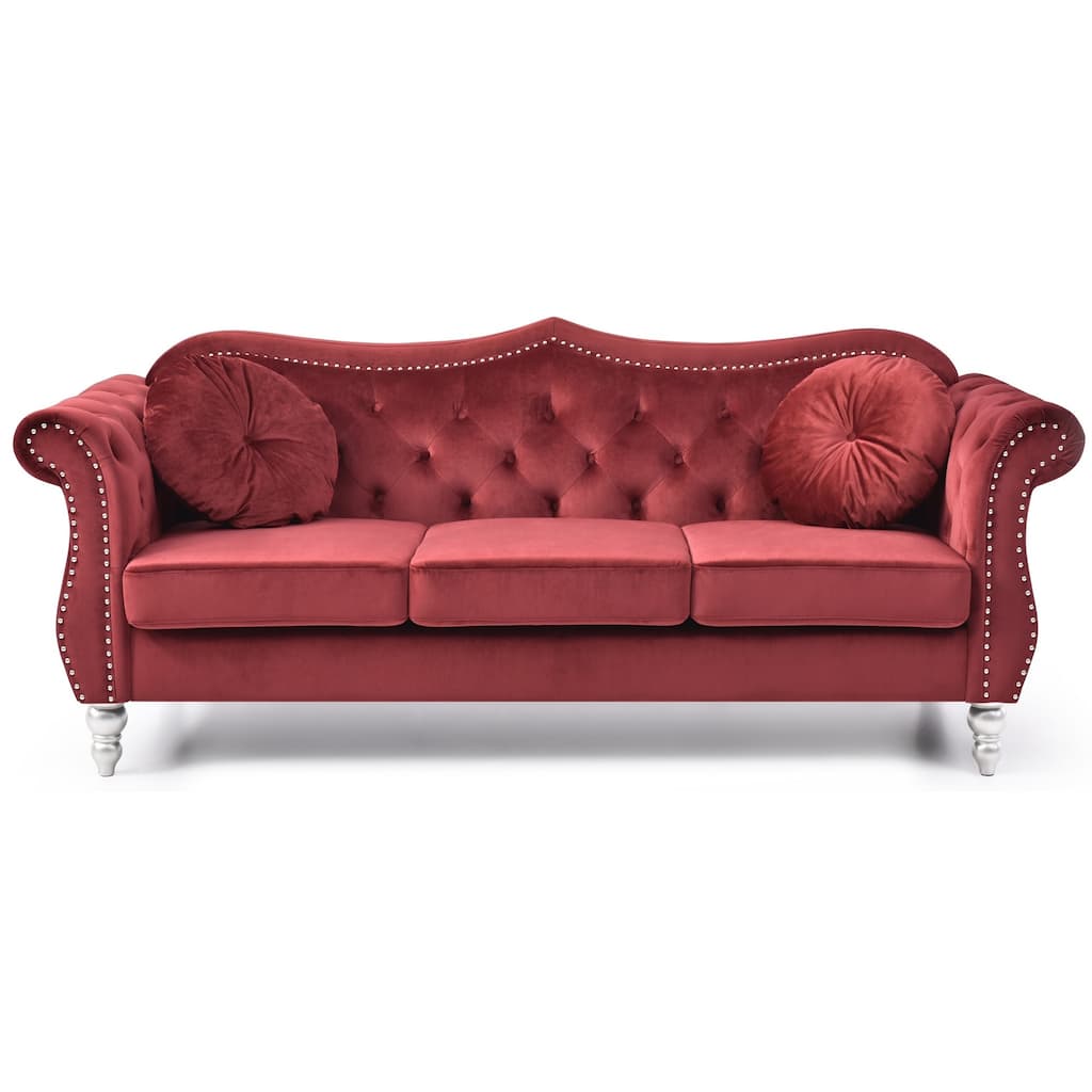 Velvet Tufted Chesterfield 3-Seater Sofa with Throw Pillows - 82" - Burgundy