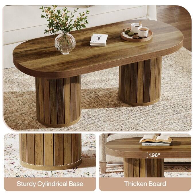 47" Wooden Oval Coffee Table With Slatted Cylindrical Legs