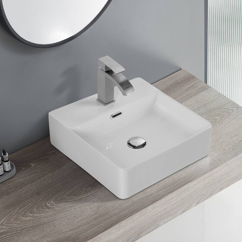 16.5" Square Countertop Ceramic Bathroom Sink with Overflow
