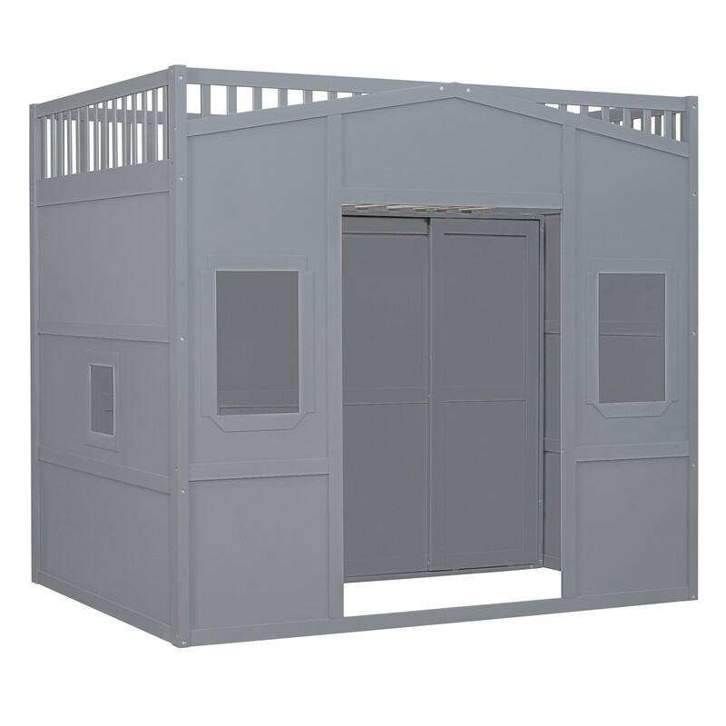 Solid Wood Loft Bed w/ Bulit-in Wardrobe, Hanging Rod & Storage Shelves, Twin/Full Size Playhouse Design Loft Bedframe w/ Window
