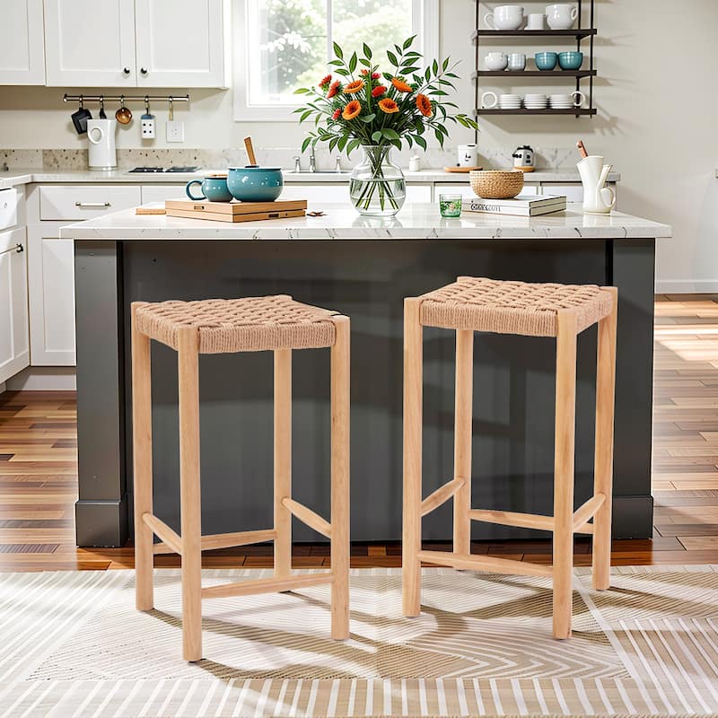 26.5" Rattan Bar Stool With Solid Wood Frame (Set of 2) - Set of 2 - Natural - Counter Height