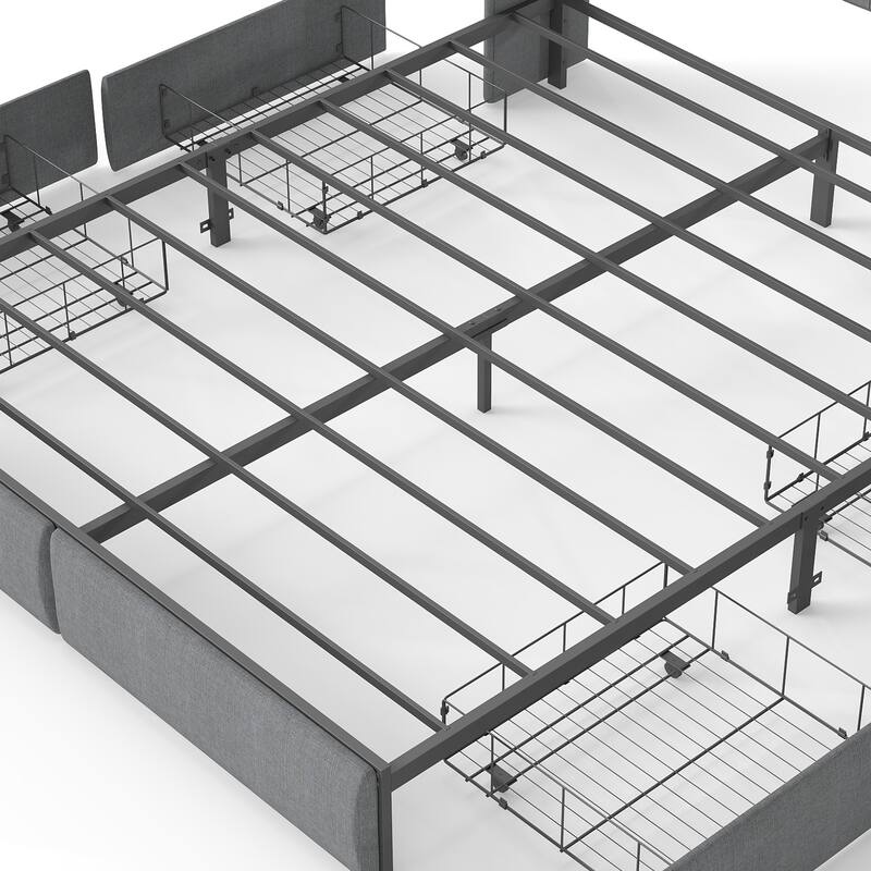 Metal Platform Bed Frame with Underbed Storage Drawers, LED Storage Headboard with Charging Station