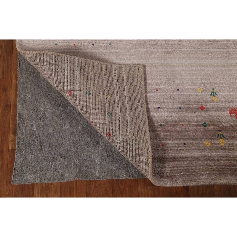 Gabbeh Area Rug Hand-Knotted Tribal Beige Wool Carpet - 7'10" x 9'8"
