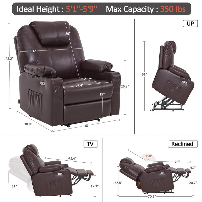 MCombo Medium-Wide Power Lift Recliner Chair Sofa with Massage and Heat for Elderly People, Faux Leather R7045