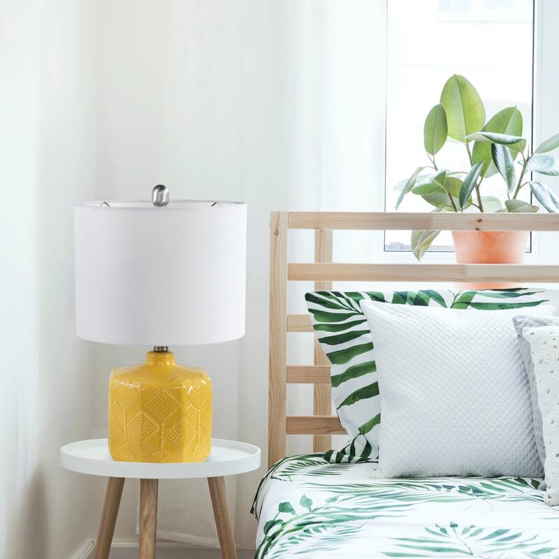 LED Floral Eyelet Ceramic Bedside Desk Lamp with White Shade - 19" - Yellow