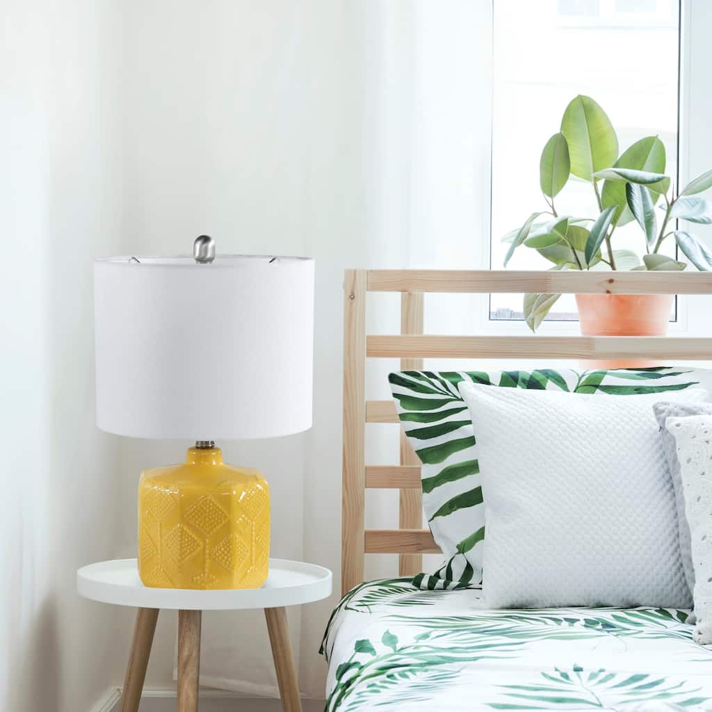 LED Floral Eyelet Ceramic Bedside Desk Lamp with White Shade - 19" - Yellow