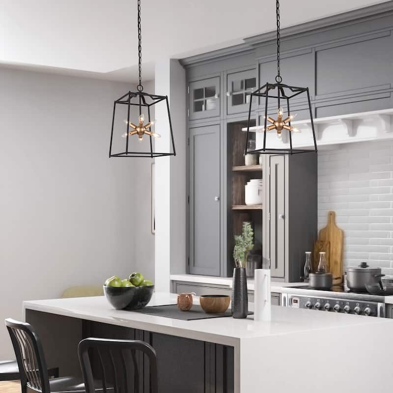 Modern Transitional Black Gold 6-light Lantern Foyer Metal Pendant for Kitchen - D14" x H82"
