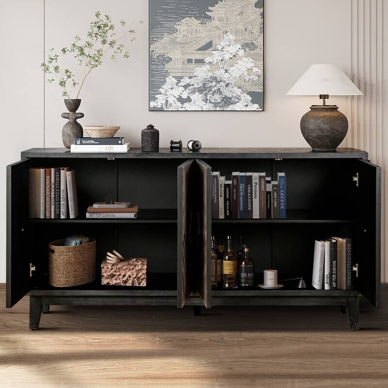 Mid-Century Sideboard Buffet Cabinet with Wood Legs, 60" Kitchen Storage Credenza with 4 Doors, Shelves, Accent Console Table