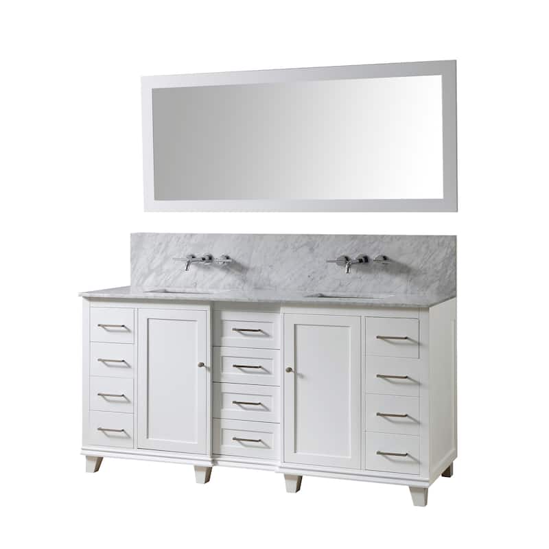 Ultimate Classic Premium 72 In. Vanity In White With Carrara White Marble Vanity Top with white basins and Mirror - White - Painted/Polished/Nickel Finish - Double Vanities