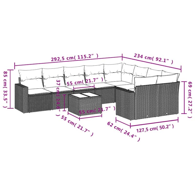 vidaXL 10 Piece Patio Sofa Set with Cushions Poly Rattan (US only) - 21.7x14.6x21.7