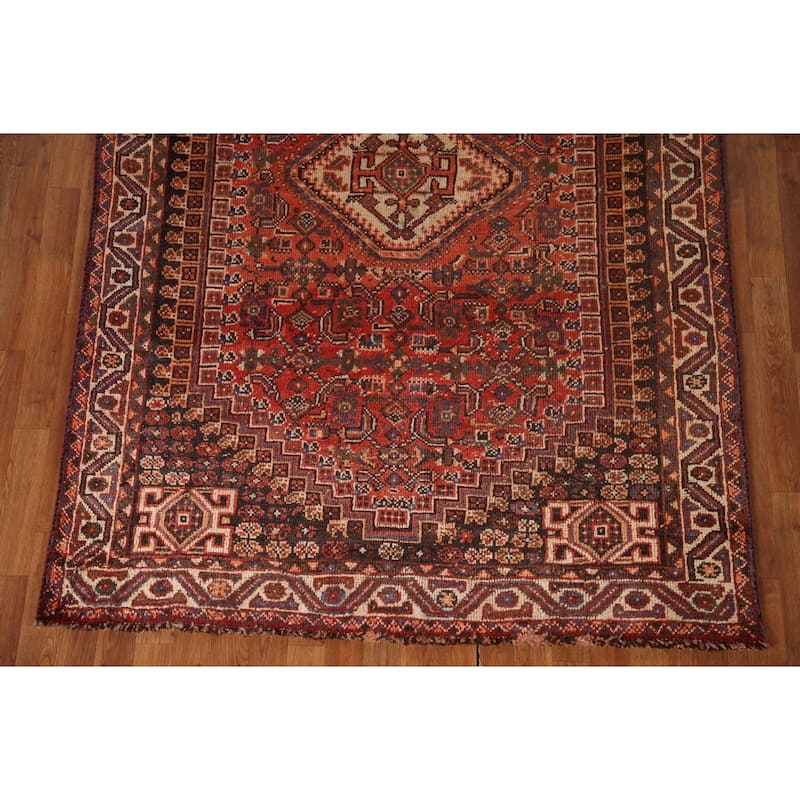 Tribal Orange Qashqai Persian Vintage Rug Hand-Knotted Wool Carpet - 5'4"x 8'0"