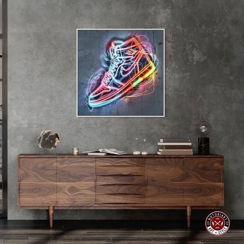 Notoriart Colorful Light Up Neon Sneaker Framed Sneaker 1 Piece Canvas Wall Art