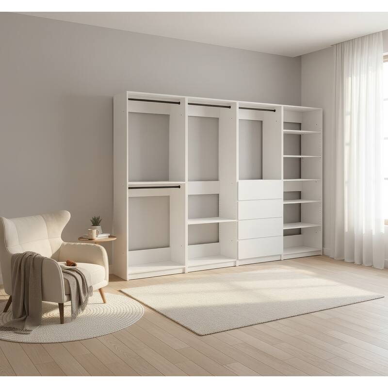 Prosper White Freestanding Walk in Wood Closet System - 125.6"W x 15.7"D x 83" H