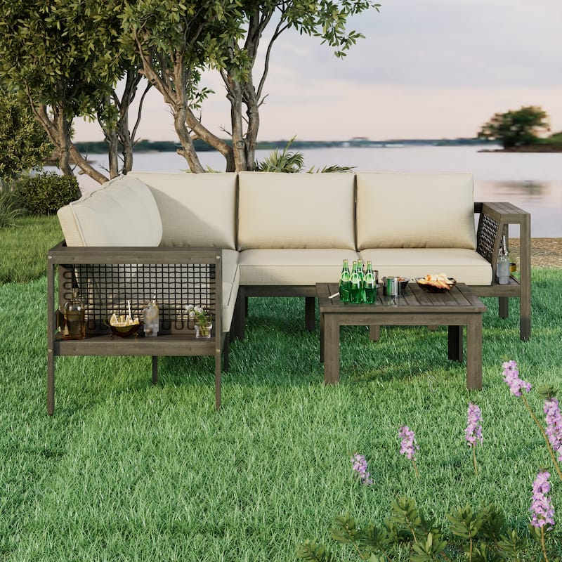 Exclusive 4-Piece Outdoor Acacia Wood Sectional Sofa Set with Woven Rope Armrests