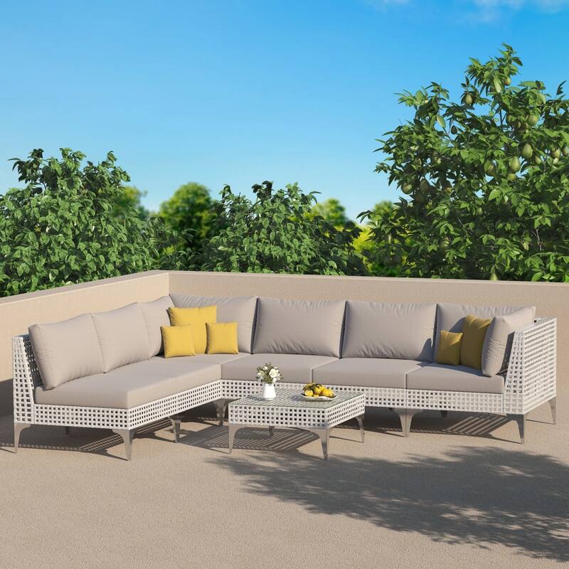 FINCATI Luxury Modern Patio Furniture Set with Side Table, Outdoor Wicker Conversation Set with 500 lbs Oversized Seats - 7 PCS-Beige