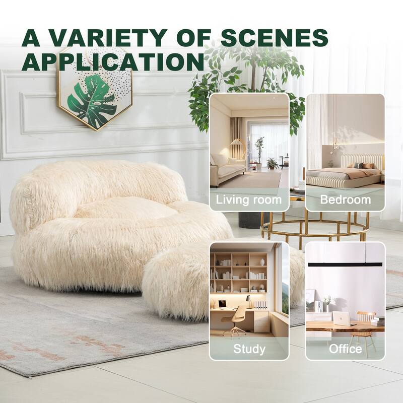 Plush Upholstered Round Comfort Lounger Bean Bag Chair with Ottoman