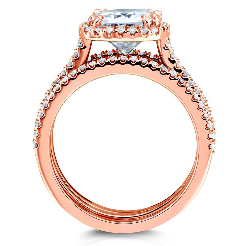 Kobelli 2.5 Carats Moissanite & Natural Diamond 14k Solid Gold Raised Cushion Halo Eternity Bands Capri 3pc Bridal Set